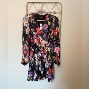Express Floral V-Neck Long Sleeve Tie Waist Mini Dress M - NWT